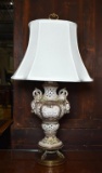 Vintage Hand Painted Rococo Style Lamp with Nice Contemporary Neutral Shade, Dolphin Feet