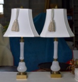 Vintage Pair of White Satin Glass & Brass Lamps with Nice Contemporary Neutral Shades