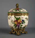 Contemporary Craquelure Painted Lidded Ceramic Jar with Brass Mounts and Stand