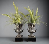 Pair of Grecian Urn Style Metal Planters w/ Greenery, Composite Material, Weighted Bases