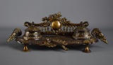 Antique Style Bronzed Metal Double Ink Well Inkstand, Made in India