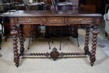 “European Crossroads” by John Richard Leather Top Walnut Console Table, Barley Twist Base