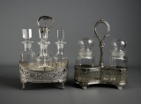Two Silver Plate Tantalus Sets with Stoppered Glass Decanters