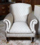 Contemporary Neutral Green-Gray Sateen Finish Upholstered Armchair, Brass Caster Feet