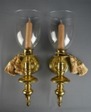 Pair of Vintage Polished Brass Hurricane Lamp Candle Sconces with Beige Candles