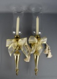 Pair of Vintage Polished Brass Hurricane Lamp Candle Sconces with Ivory Candles