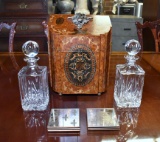 Waterford Marquis Decanter Set with Ram's Head Case and Six Glass Tumbler Coasters