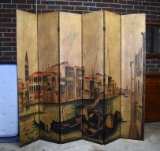 Wonderful Hand Painted Venetian Scene Six Panel Screen / Divider