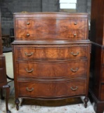 Antique Early 20th C. Walnut & Sweet Gum Chest on Chest, Burl Drawer Fronts, Carved Fretwork