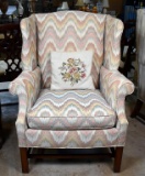 Handsome Flame Stitch Fairington Wingback Armchair, Floral Embroidered Pillow