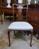 Elegant Antique Carved Mahogany Side or Desk Chair with New Neutral Upholstered Seat