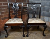 Pair of Chippendale Carved Mahogany Side Chairs, Late 18th- Early 19th C., Ivory Damask Seats