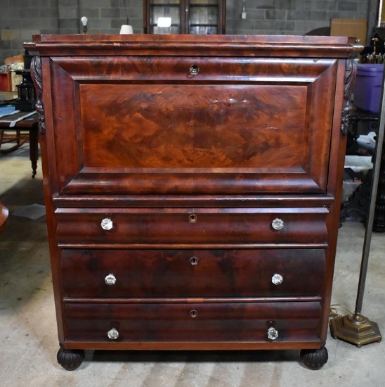 Early 19th C. Hand Made Ogee Front Burl Walnut Butlers Chest with Drop Front Secretary, Bun Feet