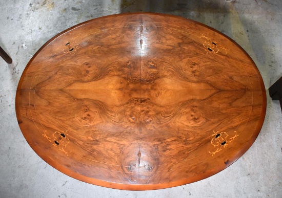 Exquisite Late 19th C. Inlaid Burl Walnut Oval Coffee Table with Acanthus Carved Knees, Caster Feet