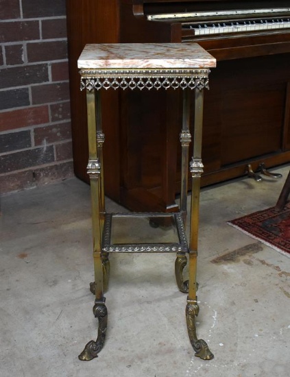 Lovely Antique Brass Marble Top Stand with Stylized Dolphin & Shell Feet