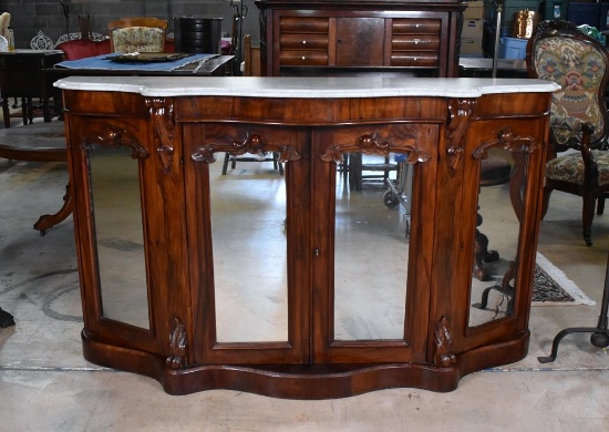 Elegant 19th C. Marble Top Hand Made Burl Walnut Server, Mirrored Front Panels