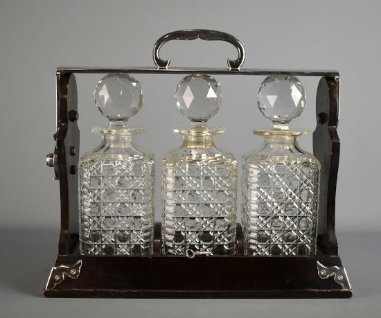 Antique Betjemann's Patent 27303 London Tantalus, 3 Cut Glass Stoppered Decanters, Original Key