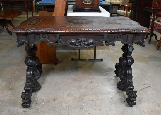 Unique 19th C. Gothic Revival Carved Lions Heads Center Table with Marquetry Top