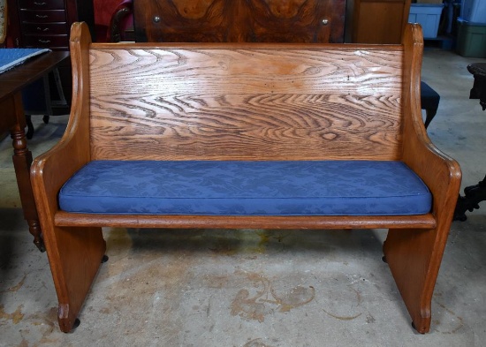 Small Antique Oak Church Bench with Blue Loose Cushion Seat