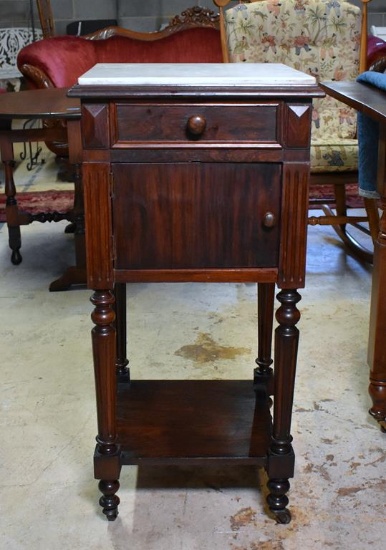Antique 19th C. Hand Made Marble Top Oak Smoker's Stand on Caster Feet, Marble Plinth in Cabinet