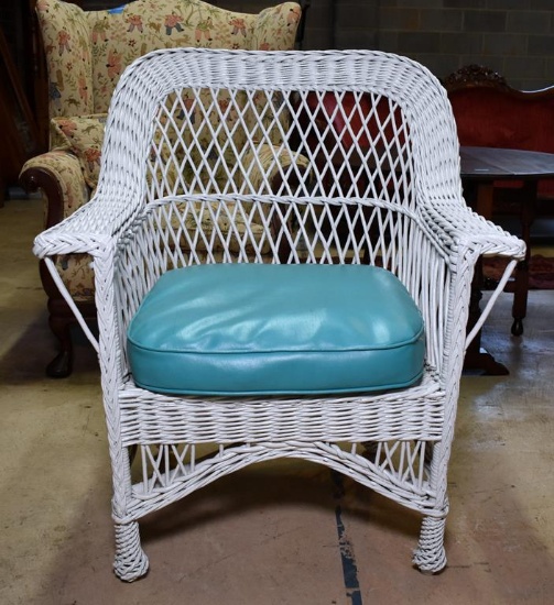 Vintage White Rattan Wicker Armchair with Blue Vented Seat Cushion
