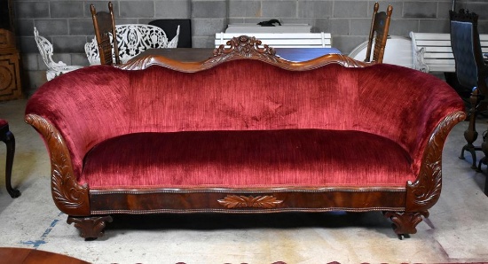 19th C. Carved & Burl Walnut Serpentine Front Sofa, Reupholstered in Crimson Velvet