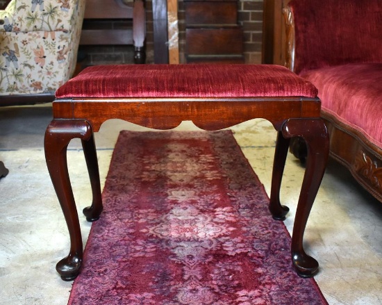 Antique Queen Anne Style Mahogany Bench or Footstool, Reupholstered in Crimson Velvet
