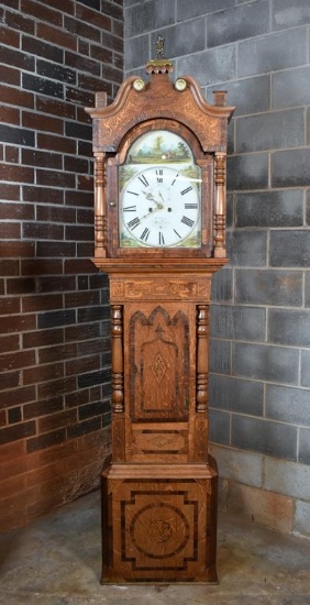 Ca. 1780-1820 English Portsea Longcase or “Grandfather” Clock, Marquetry Oak, Walnut & Satinwood