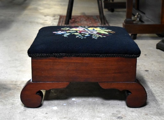Floral Embroidered Mahogany American Empire Footstool