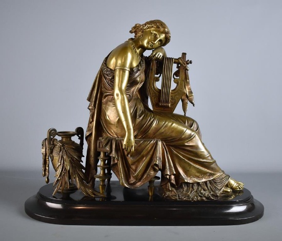 Eugene Laurent (French, 1832-1898) “Allegorie de La Musique” Bronze Sculpture, Black Granite Base