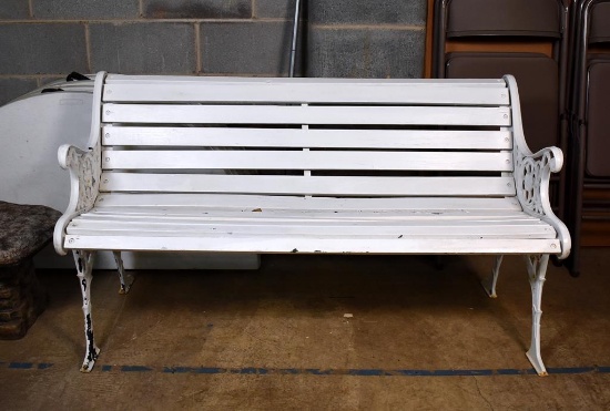 Vintage White Painted Outdoor Iron and Wood Bench