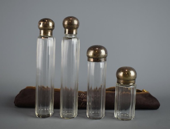 Lot of Four Antique British Hallmarked Travel Vanity Set Bottles with Sterling Silver Caps