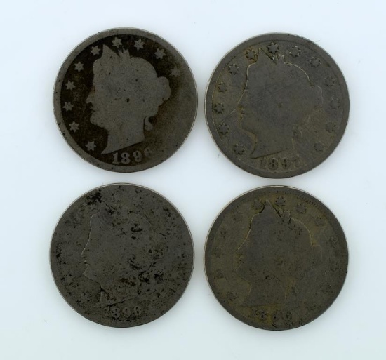 Lot of 4 Liberty Head Nickels: 1890, 1896 (2), 1897
