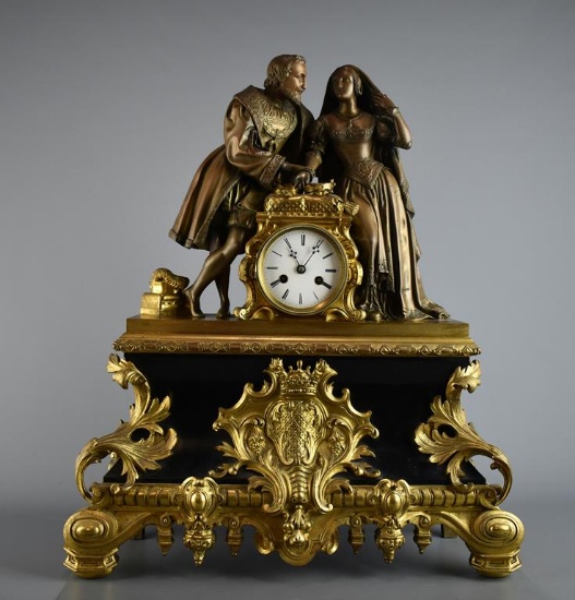 Antique Black Slate and Ormolu “Courtiers” Fancy Figural Shelf Clock, 21” H