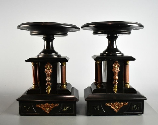 Pair of Black Slate and Ormolu Mantle Clock Side Garnitures