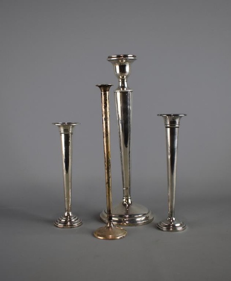 Lot of Weighted Sterling Silver: Three Bud Vases and a Candle Holder