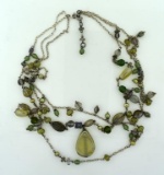 Green Glass Drop Pendant & Multi Strand 26” Necklace