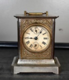 Small Antique Shelf or Carriage Clock Clock, Stamped Gilt Metal Front Plate