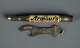 Advertising Pieces: Coca Cola Bottle Opener (Ca. 1920s) & Armour's Fertilizer Bullet Pencil Case