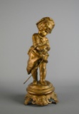 Gilded Cast Spelter 12” Boy w/ Cane Figurine, Marked Rousseau on Base