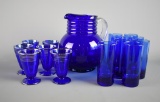 Weston Cobalt Blue Ball Pitcher & 14 Cobalt Blue Glasses