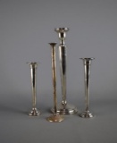 Lot of Weighted Sterling Silver: Three Bud Vases and a Candle Holder