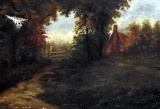 Old Oil on Canvas of Cabin in Woods, Unsigned