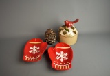 Lot of Holiday Decor: Hallmark Mitten Trays, Snowy Cardinal Canister, Pinecone Potpourri Holder