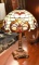 Beautiful Antique Stained Glass Shade Lamp with Sculpted Metal Lion Mask Base