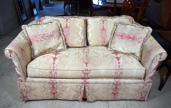 Lovely Dusky Rose and Ecru Upholstered Loveseat, Two Matching Accent Pillows