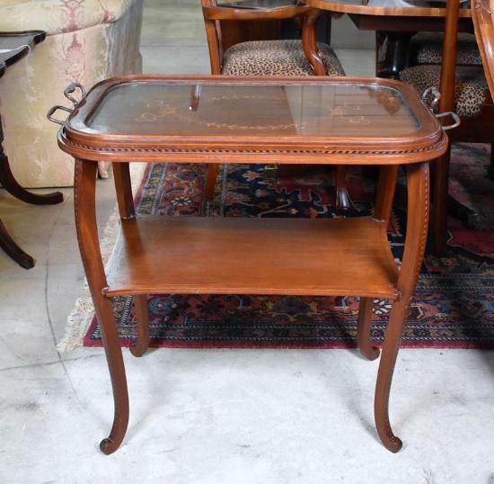 Antique Inlaid Mahogany Tray Tea Table with Lower Shelf