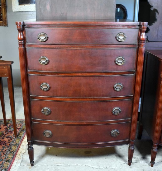 Vintage Sheraton Style Bowfront Five-Drawer Chest with Fluted Columns