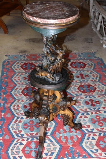 Unique Victorian Dog & Stag Motif Hand Carved Marble Top Stand