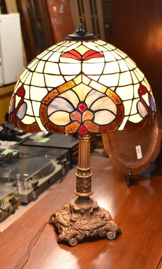 Beautiful Antique Stained Glass Shade Lamp with Sculpted Metal Lion Mask Base